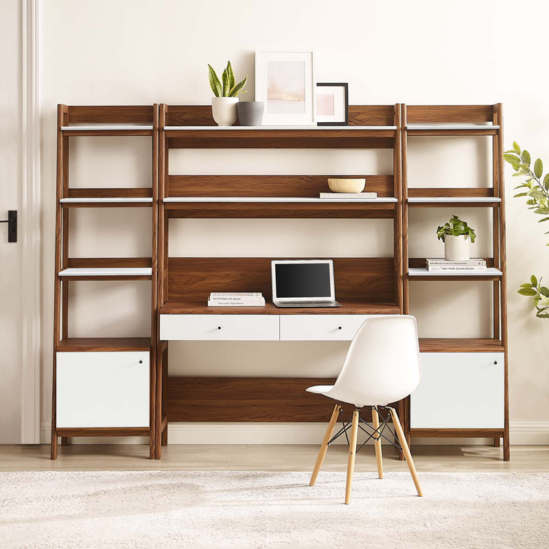 Modway Bixby 3-Piece Wood Office Desk and Bookshelf, Walnut/White