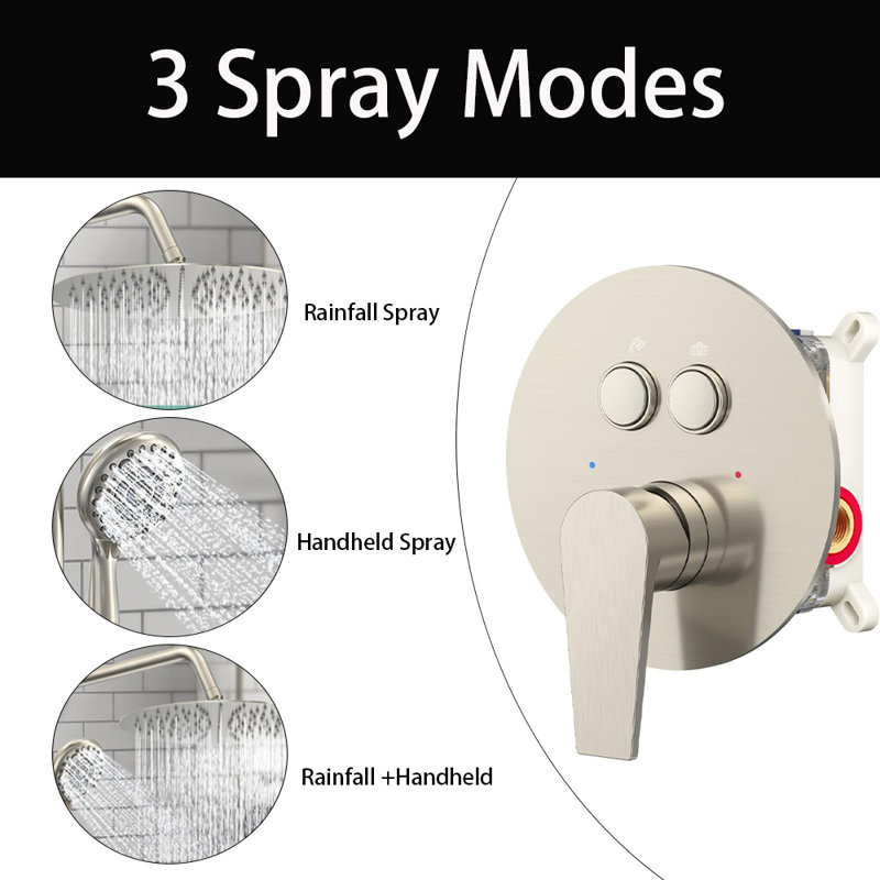 10 Inch Rainfall Shower Head With Handheld Combo Set With Slide Bar, Brushed Nickel