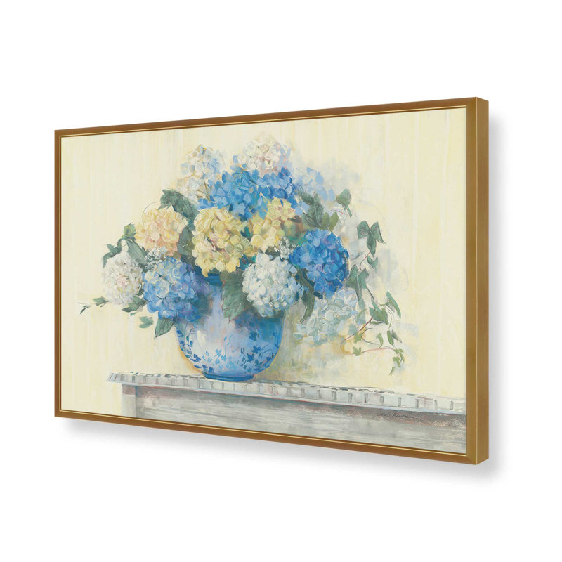 «Blue Hydrangea» par Carol Rowan, reproduction d'art, H 12 po x l 18 po, Doré