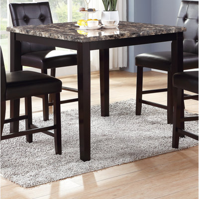 Table de salle à manger moderne carrée avec plateau en faux marbre brun foncé et bouleau plaqué