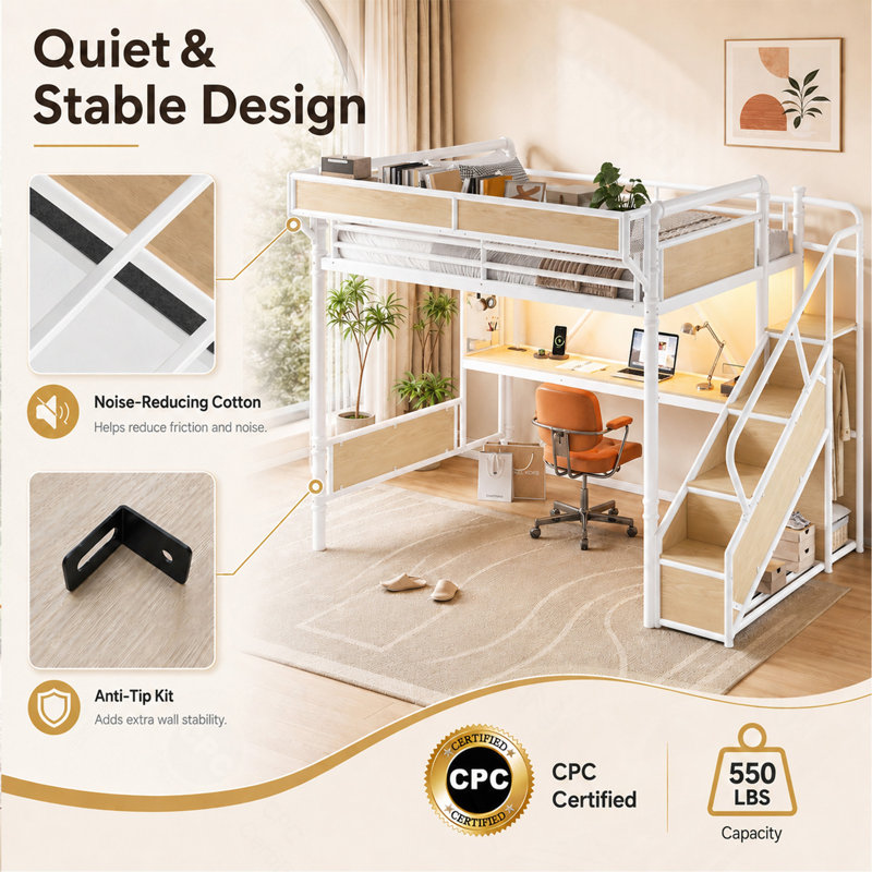 Lit mezzanine industriel en métal Queen avec bureau intégré, prises électriques, bande lumineuse DEL, panneau perforé et escalier de rangement, blanc