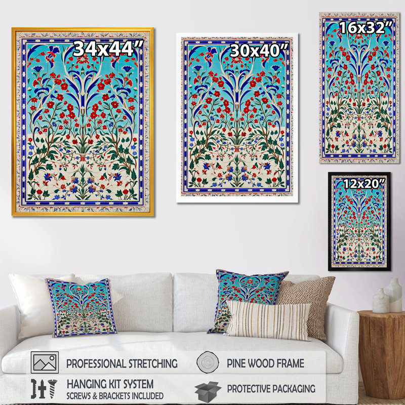 Carreaux bleus marocain, porte I - art mural abstrait, Cadre flottant doré, H 32 po x l 24 po x P 1 po