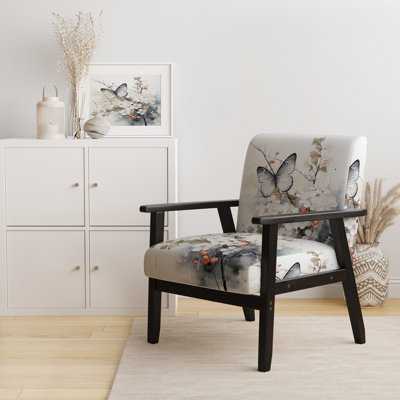 Asian Art White And Grey Butterfly - Upholstered Asian Accent Chair and Global Arm Chair - Multiple Colour & Pattern