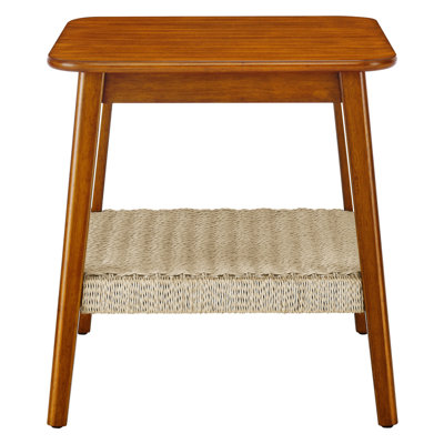 Small Side Table For Home Office. 23" Mid-century With Woven Shelf And Storage. Walnut Color, Solid Wood Feet, Easy To Install Clean Shelf. Walnut, Le