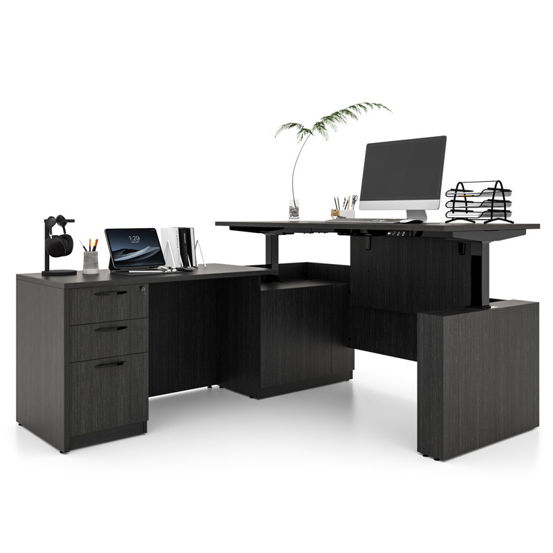 66.93" L Shaped Executive Standing Desk With File Cabinet with Pre-Assembled Frame and Lockable Cabinet, Gray
