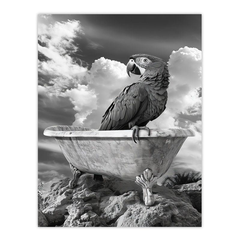 Macaw Parrot Bird on Bathtub Surreal Wall Art Print