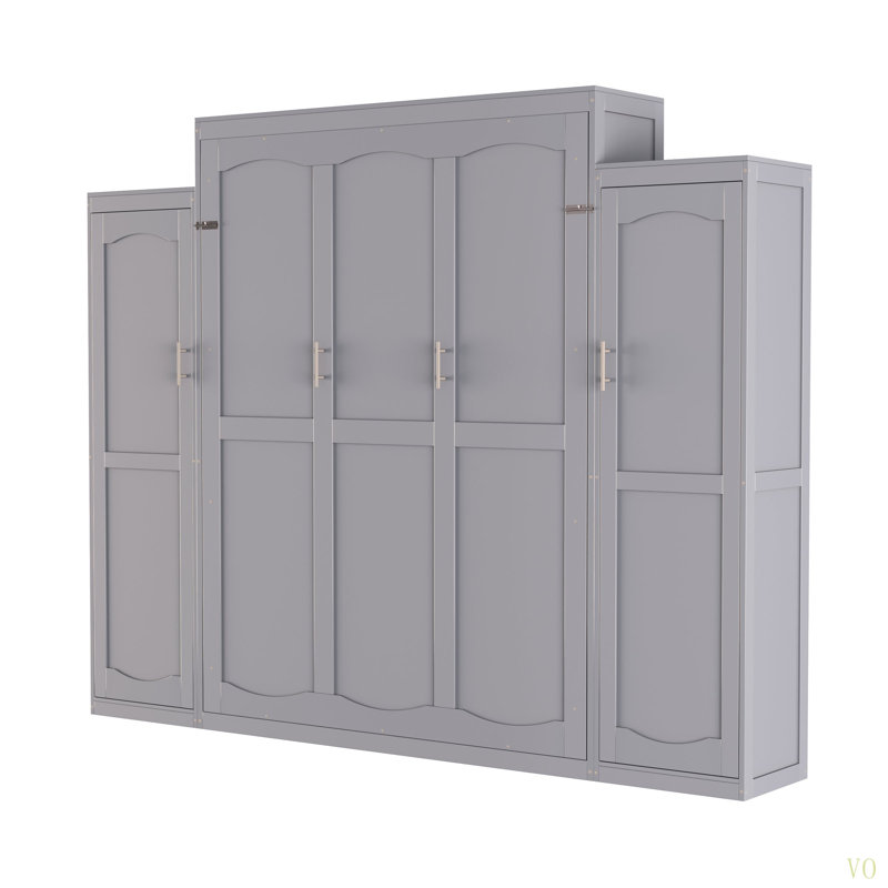 Grand lit escamotable, grand lit escamotable en bois avec 2 garde-robes et tablette de rangement, cadre de lit plateforme pliable multifonctionnel pour chambre d'amis, chambre à coucher