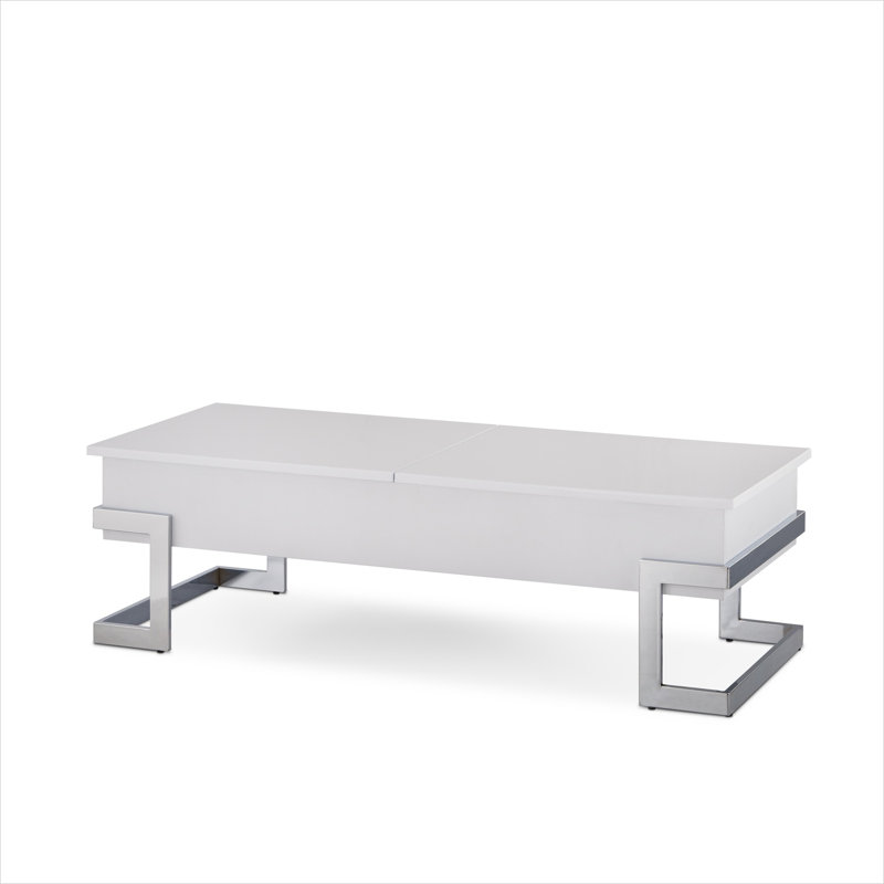 Table basse moderne blanche avec plateau relevable, ultrabrillant et chrome, rectangulaire, rangement caché