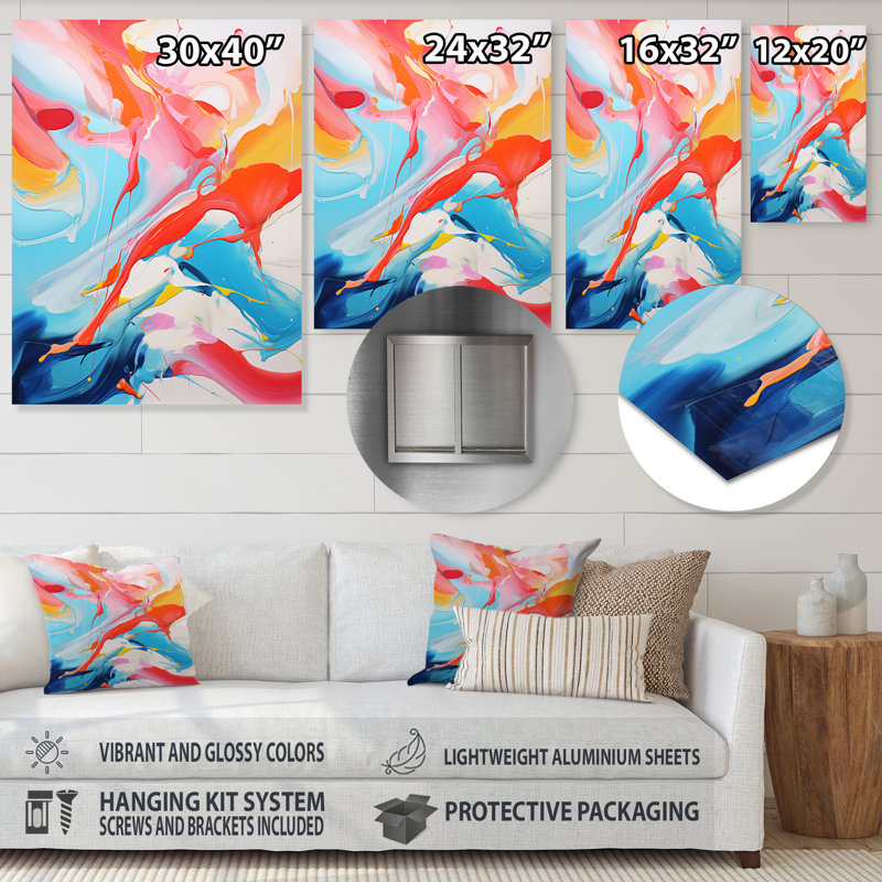«Blue An Pink Paint Storm I», art mural abstrait à l'encre liquide, H 40 po x l 30 po x P 1,5 po