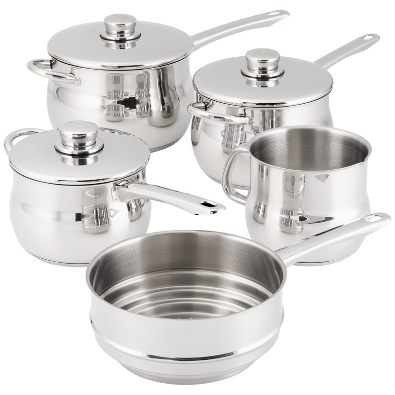 Stellar 1000 5 Piece Stainless Steel Pan Set, 16/18/20cm Saucepans With Stainless Steel Lids, 14cm Milk Pan, Steamer