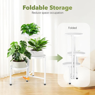 Support pour plante d'angle pliable à 3 niveaux, support de pot de fleurs en métal robuste avec plateaux larges, support de présentation résistant à la rouille pour un usage intérieur et extérieur, blanc