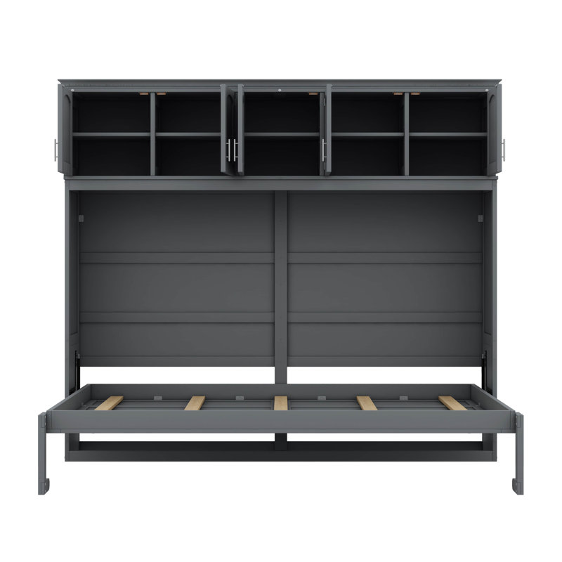 Lit escamotable double pleine grandeur - Livré avec des unités de rangement supérieures, gris, Double
