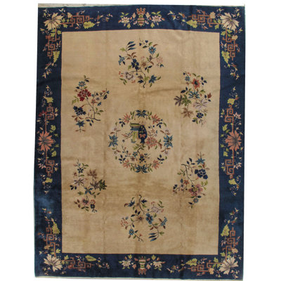 Antique One-of-a-Kind Rectangle 8'10" X 11'7" 1910s Wool Area Rug in Camel/Beige/Blue