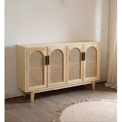 Natural Wood Rattan Sideboard, 4-Door Buffet Cabinet with Arched Woven Doors