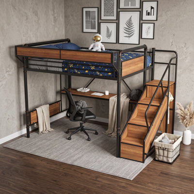 Lit mezzanine en métal avec bureau, prise de courant, bande DEL, panneau perforé, paniers en filet et garde-robe ouverte