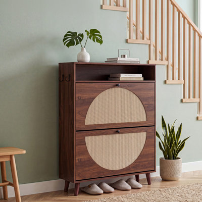 Shoe Storage Cabinet with 2 Flip Drawers, 31.5" W × 40.1" H Hidden Wooden Slim Shoe Cabinet for entryway, Wave Pattern & Linear Design, Soft Leather Handles, Adjustable Shelves，Walnut