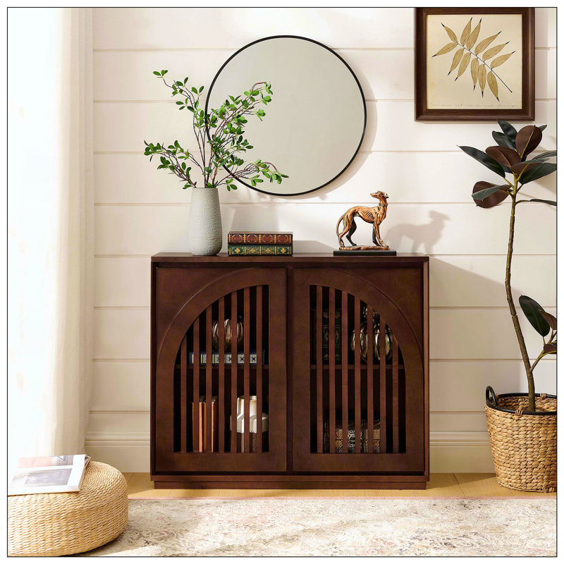 Mid Century Modern Fluted Sideboard Cabinet With 2 Outlet Holes, Buffet Cabinet With Storage, Narrow Side Cabinet For Living Room Entryway Hallway Kitchen Coffee Bar