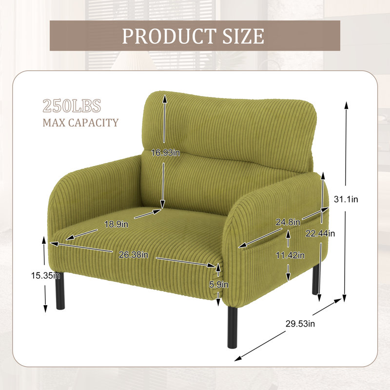 Fauteuil capitonné en velours côtelé de 26,4 po de largeur, Olive