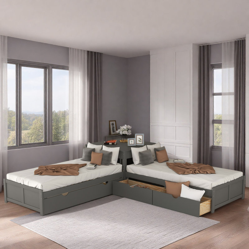 Lit plateforme simple en L à 2 tiroirs avec lit gigogne et table intégrée, Gris