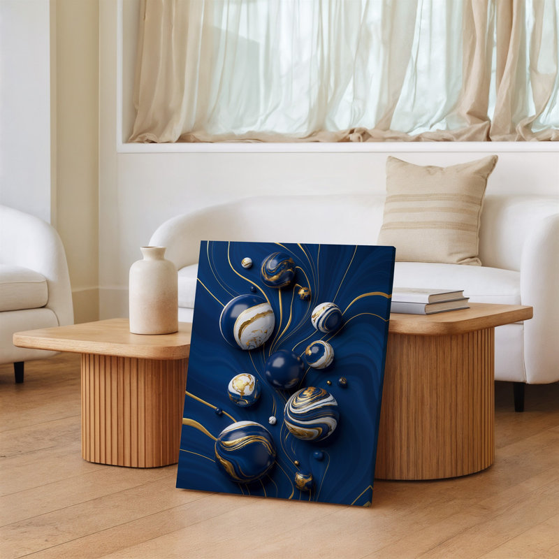 Toile, composition abstraite envoûtante avec formes fluides tourbillonnantes dans un art mural profond bleu marine et riches tons dorés, art mural sur toile