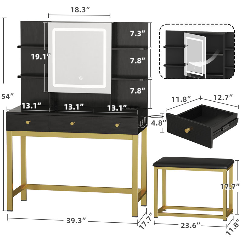 Elbertine 39.3" Makeup Vanity Set with Lighted Mirror & Power Outlet, Black