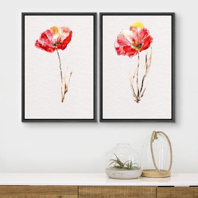 " Watercolor Red Poppy Minimalist Floral Botanical Wall Pictures Modern Art Rustic Living Room " 2 - Pieces