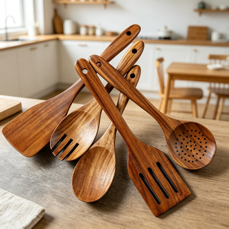 Ensemble de cuillères en bois de teck naturel pour la cuisson - 5 ustensiles de cuisine avec spatule, écumoire, cuillère à fente, fourchette à salade - outils antiadhésifs et résistants à la chaleur