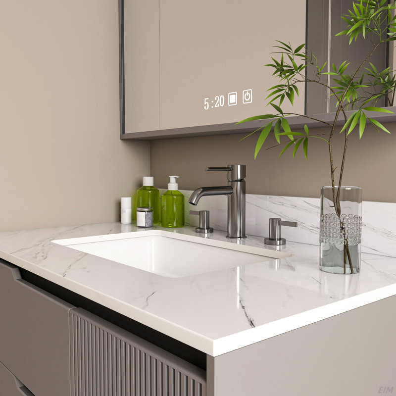 Comptoir de meuble-lavabo 37 po, comptoir blanc avec 3 trous de robinet pré-percés, comptoir de salle de bain avec lavabo central rectangulaire encastré et dosseret de 4 po de hauteur, Bianco Carrara Venato