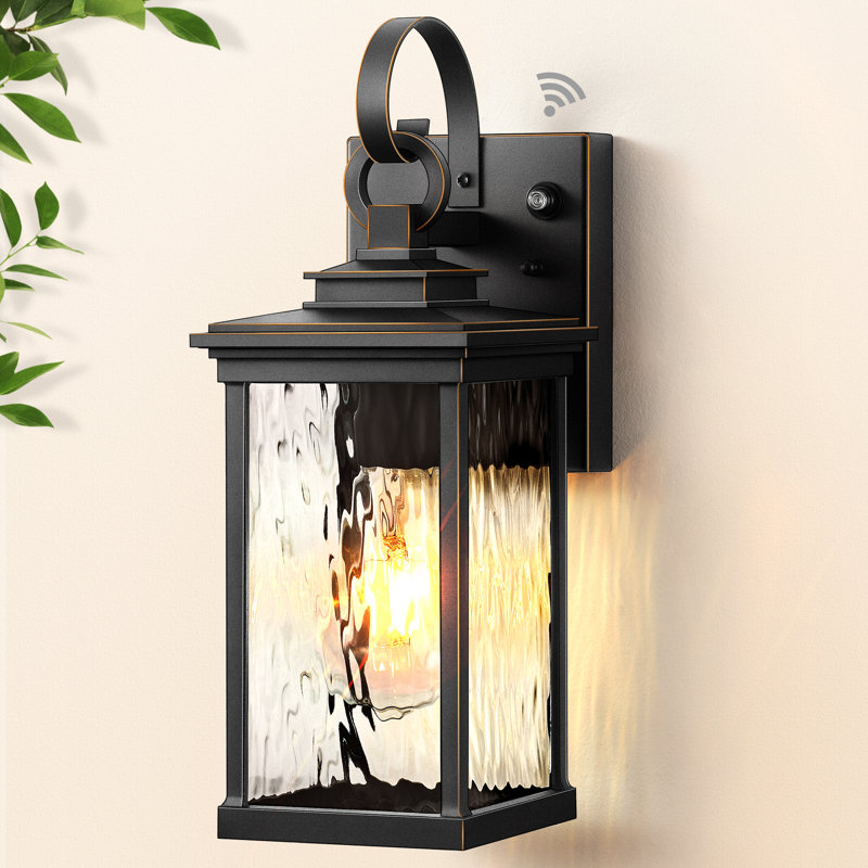 Black (Gold Trim) Dusk to Dawn Outdoor Wall Lantern, Modern Exterior Light Fixtures for Garage