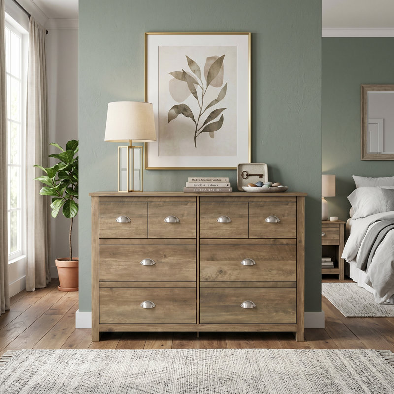 Bhure 46.1" W 6-Drawer Wood Double Dresser, Knotty Oak