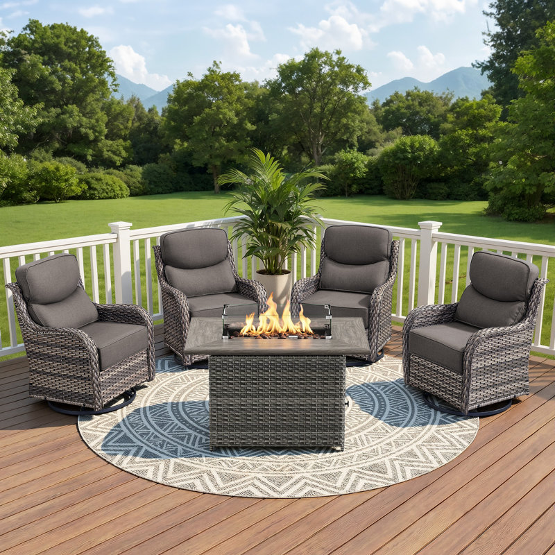 4 - Person Patio Furniture Chair Set With Fire Pit Table, 4 Swivel Glider Chairs With 6-Inch Cushions, Gray, Gray