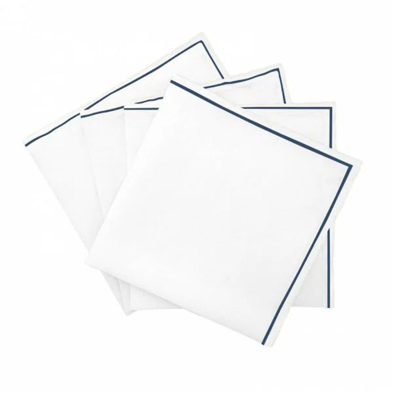 Single Embroidery Border Cotton Napkins (Set Of 4), White/Navy Blue, 12" x 12"