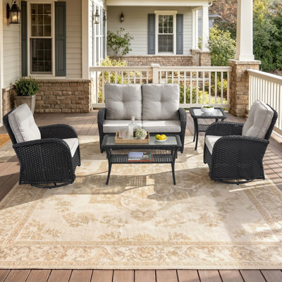 Ensemble de conversation de patio extérieur en résine tressée de 5 pièces, résistant aux intempéries, avec chaises pivotantes