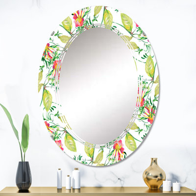 Fleurs rouges avec feuilles vertes - Miroir mural à motif ovale