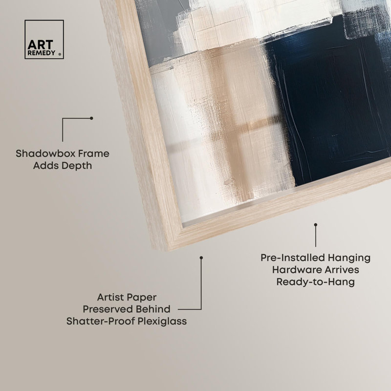 «Blue and Tan Abstraction I Shadowbox Print», art mural bleu par Art Remedy, H 41 po x l 41 po, Crème, crème