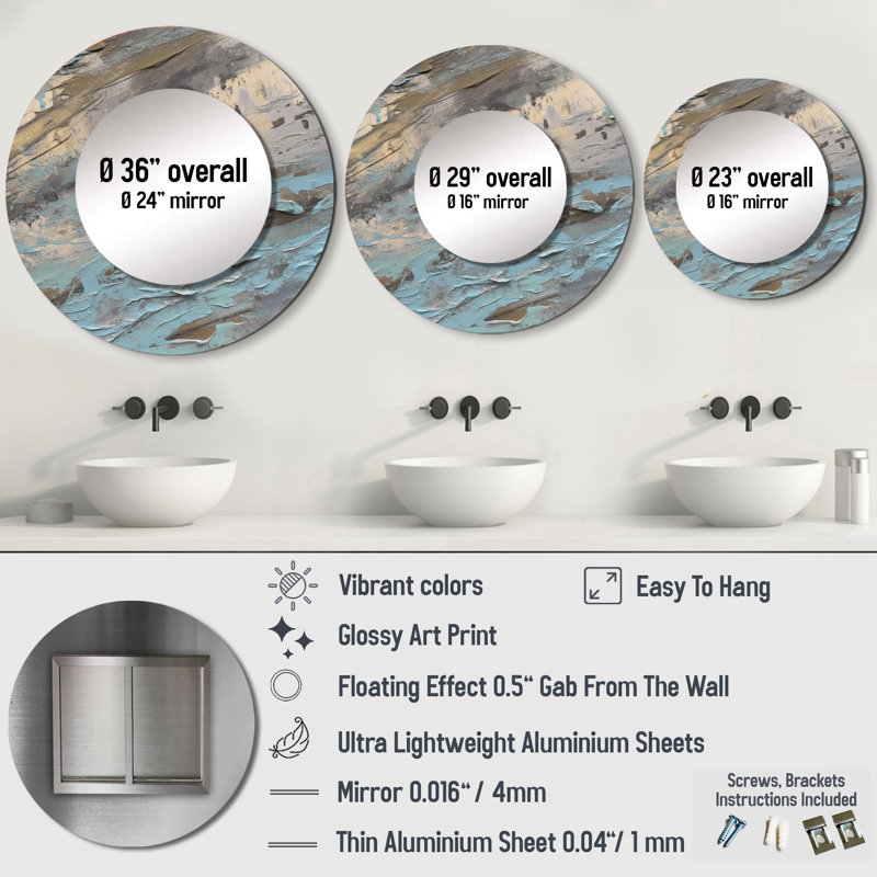 Oili Beige Blue Marbled Artistry I - Geometric Mirror, Modern Round Unique Wall Mirror, Printed Metal Art, 36" x 36"
