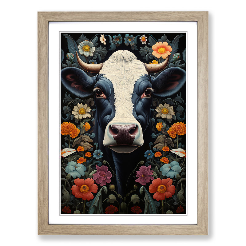 Cow Contemporary - Single Picture Frame Print on Wood, 64cm H x 46cm W x 2cm D, Oak Framed