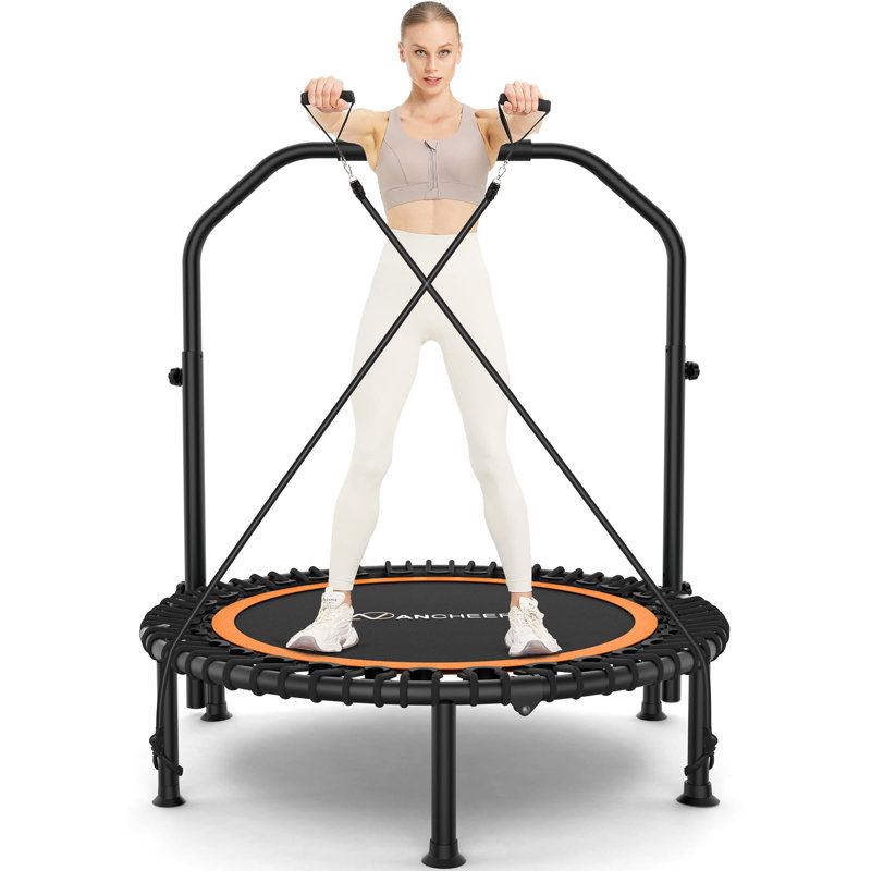 48" Foldable Mini Trampoline with 4-Level Adjustable Foam Handle and Resistance Bands, Orange