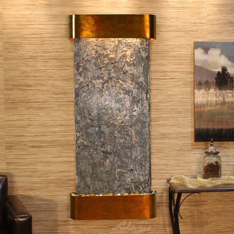 Inspiration Falls Handcrafted Indoor Natural Stone Waterfall Fountain with Lights, Green Slate, Rustic Copper