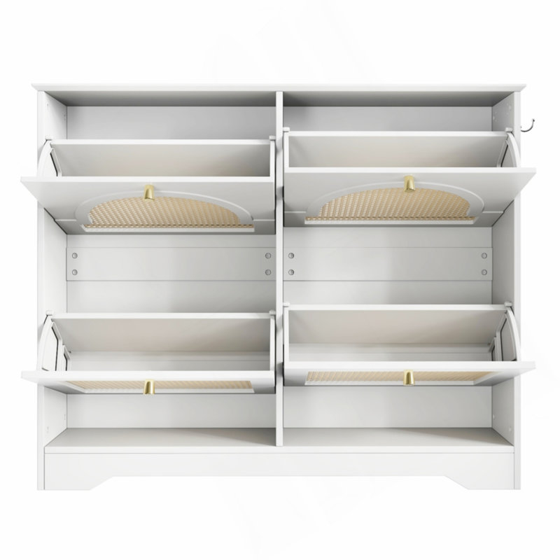Mid-Century Narrow Design Tipping Bucket Shoe Cabinet With 4 Flip Drawers, Elegant Entryway Shoe Organizer With 4 Rattan Doors, Freestanding Shoe Rack With 2 Silvery Hooks For Hallway, White, 42.1"W