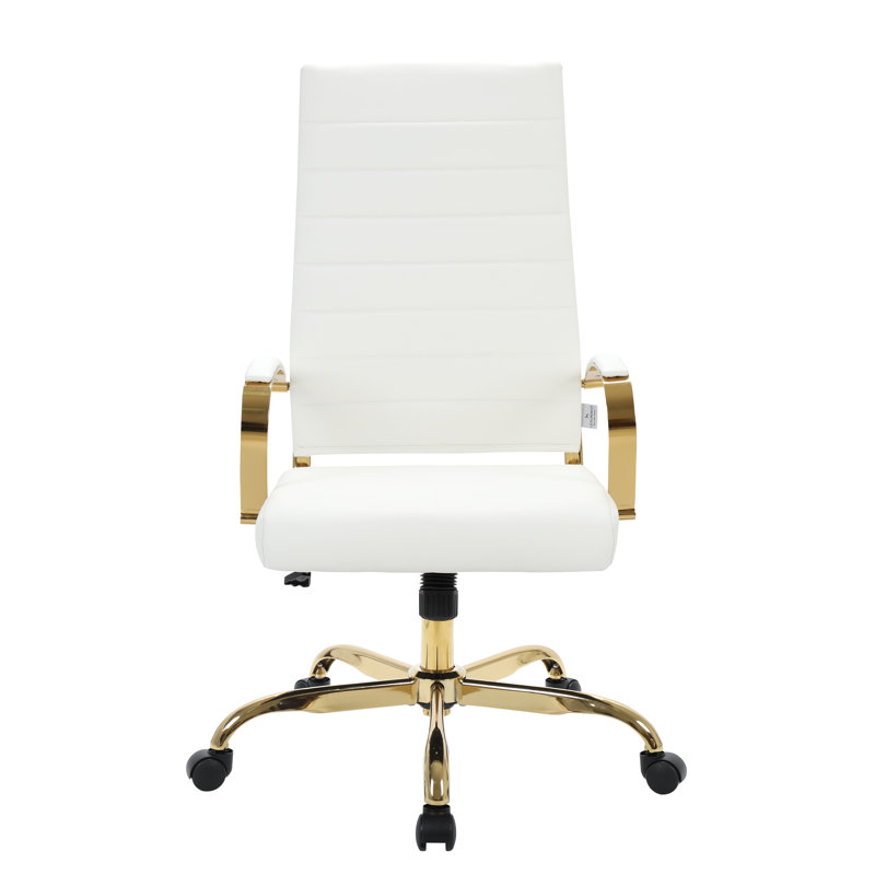 Mid-Century High-Back Swivel Office Chair in White Leather