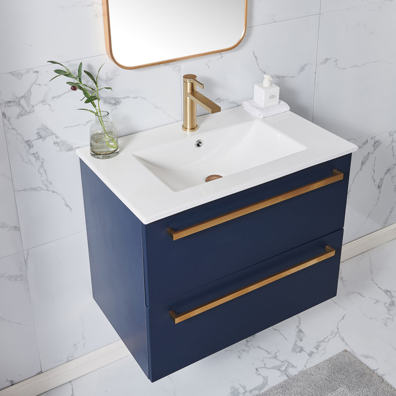 Ensemble de meuble-lavabo mural simple bleu moderne 30 po avec deux tiroirs Kortnee