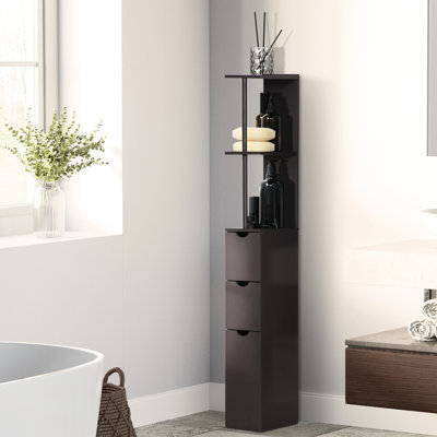 Rangement pour salle de bain 54 po, tour à linge autoportante avec 2 tablettes et tiroirs, armoire de plancher étroite et peu encombrante, organisateur brun à 2 tablettes de hauteur