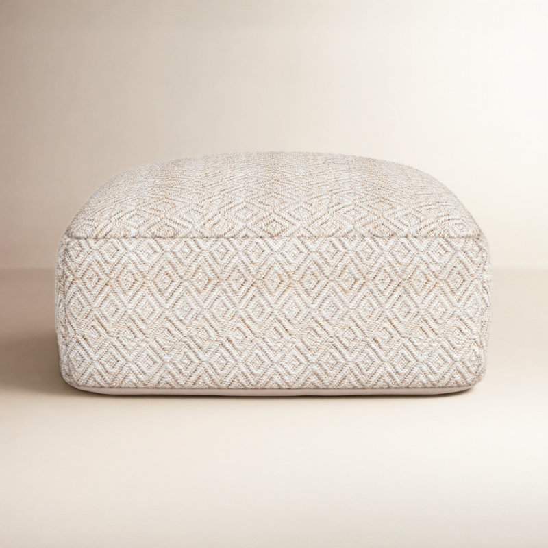 Iyanola 34'' Wide Square Geometric Pouf Ottoman, Beige/Brown