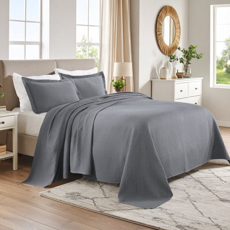 The Blue Nile Mills Basketweave Cotton Matelasse Bedspread And Pillow Sham Set, Gray, King Bedspread + 2 Standard Shams