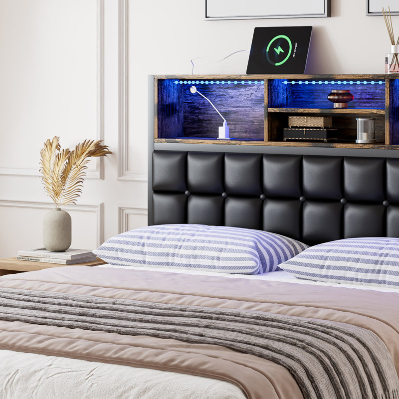 Hydraulic Metal Bed, Charging Port, LED Light, Soft Headboard Storage, 4ft6