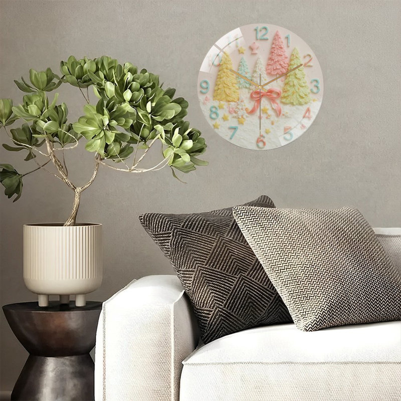 Horloge-chiffres-Noël-arbres-arc-en-ciel - Horloge murale moderne en verre 12 po