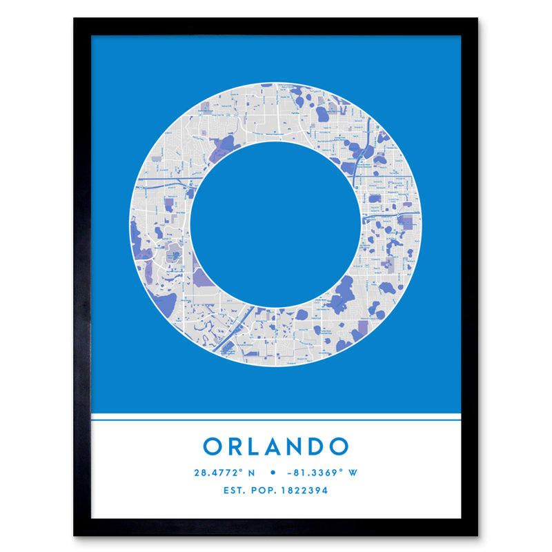 Orlando Florida United States City Map Blue 1 Piece Single Picture Frame Wall Art