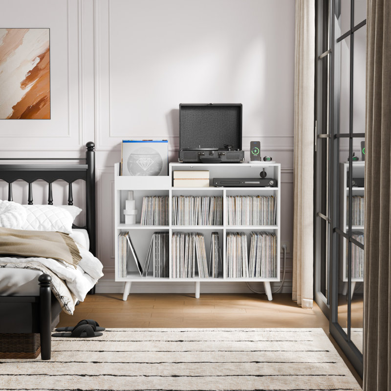 Armoire de rangement pour disques vinyles l 45 "avec station de charge Meher, Blanc