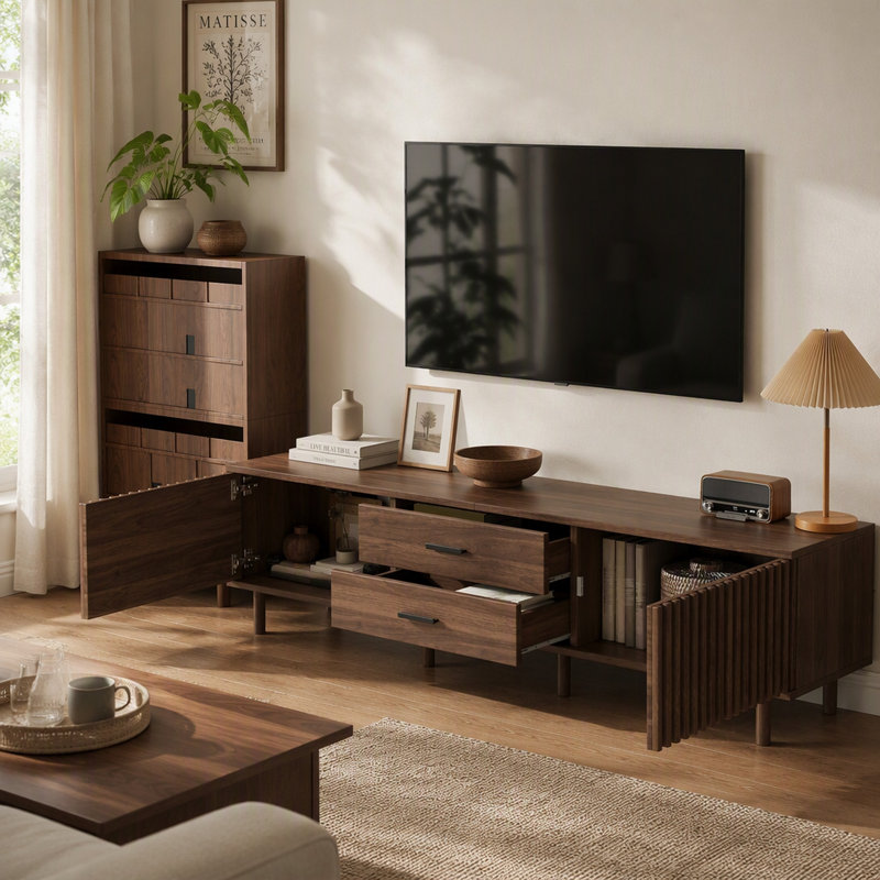 Meuble télé moderne de 70 pouces avec pieds en bois massif, centre multimédia avec grand espace de rangement pour le salon